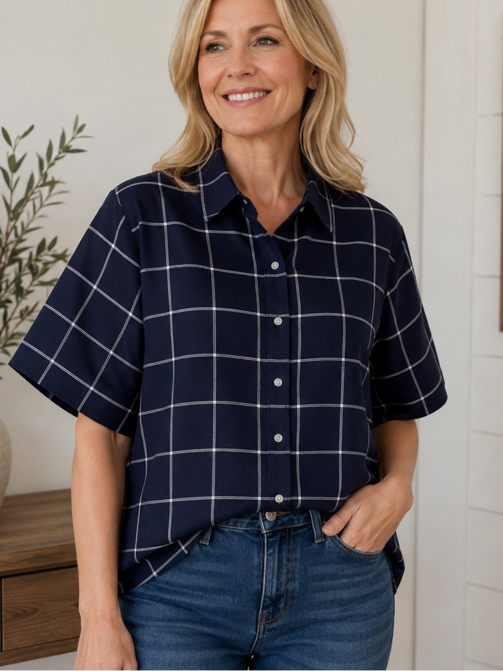 Lauren Ralph Lauren 2X 100% Silk Navy Windowpane Plaid Button Front Blouse Top